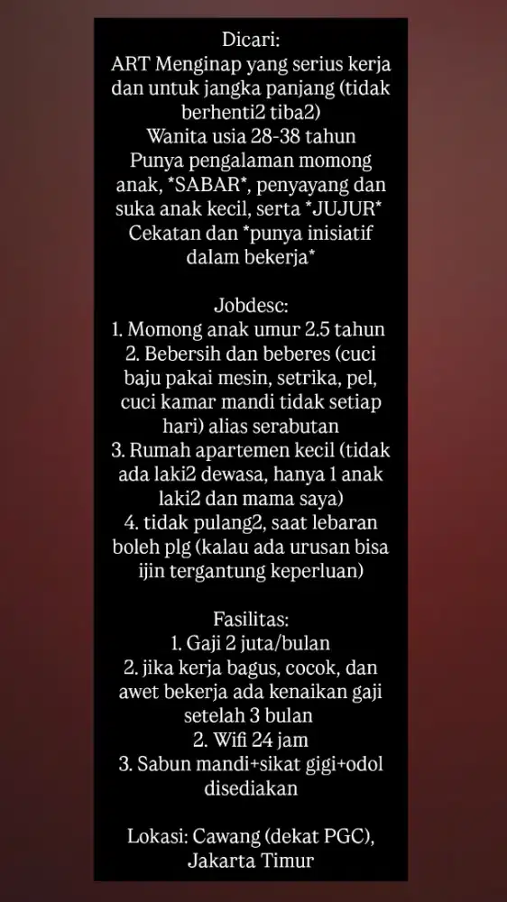 DICARI ART MOMONG DAN BEBERES MENGINAP (MAJIKAN LANGSUNG)