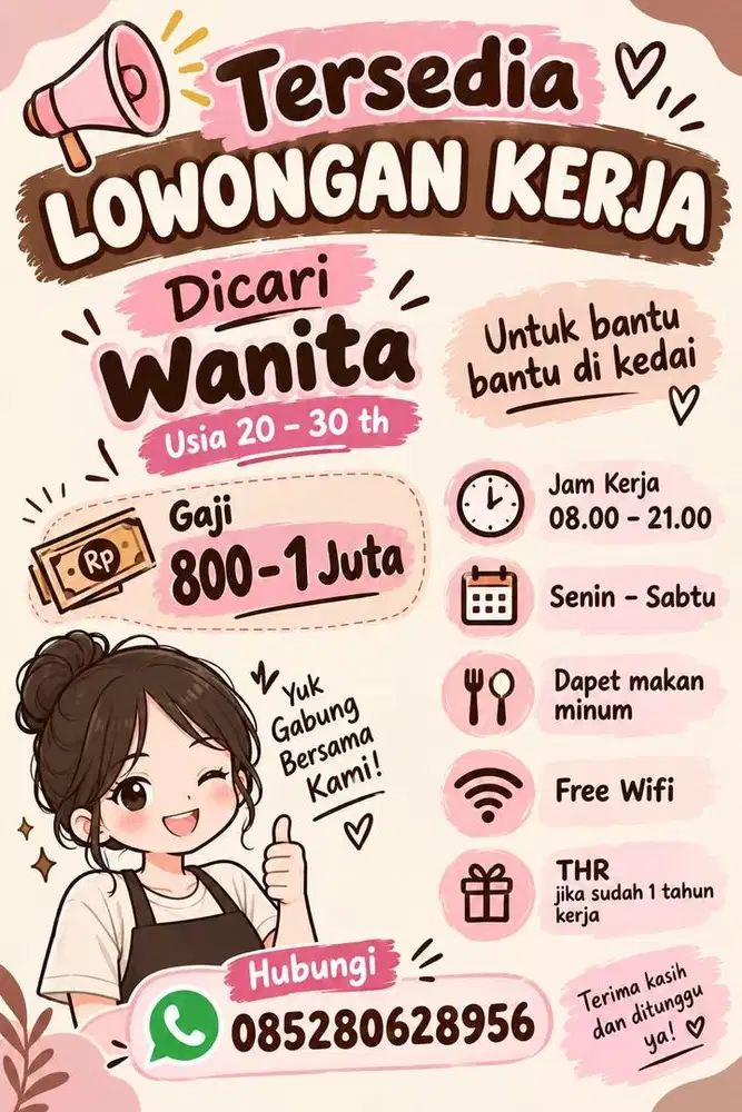 Lowongan kerja untuk wanita usia 20-30th ( bantu bantu di kedai )