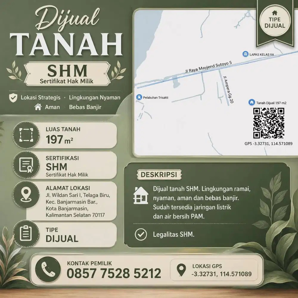 Tanah Dijual SHM dekat Pelabuhan Trisakti - Banjarmasin Barat