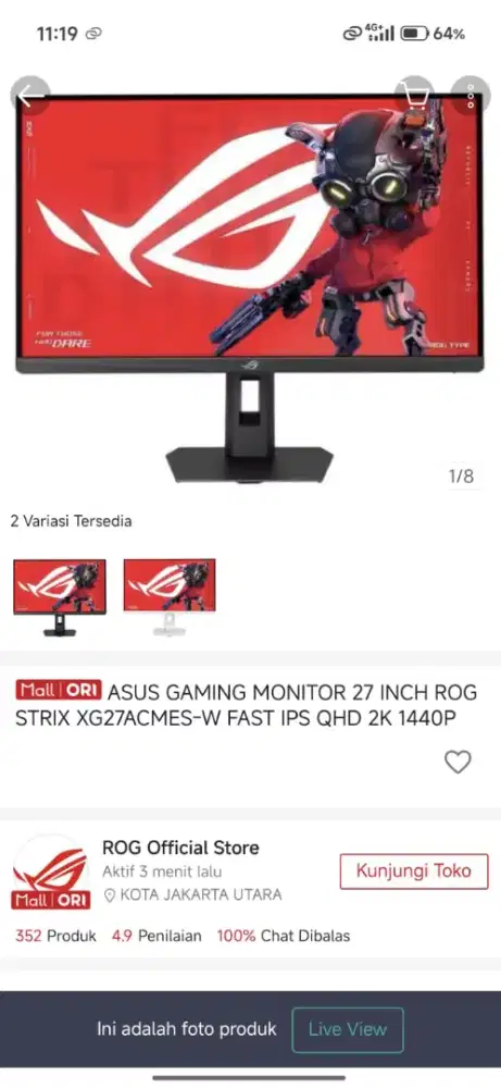 MONITOR ASUS ROG Strix XG27ACMES (W White Edition)27 inci QHD Fast IPS