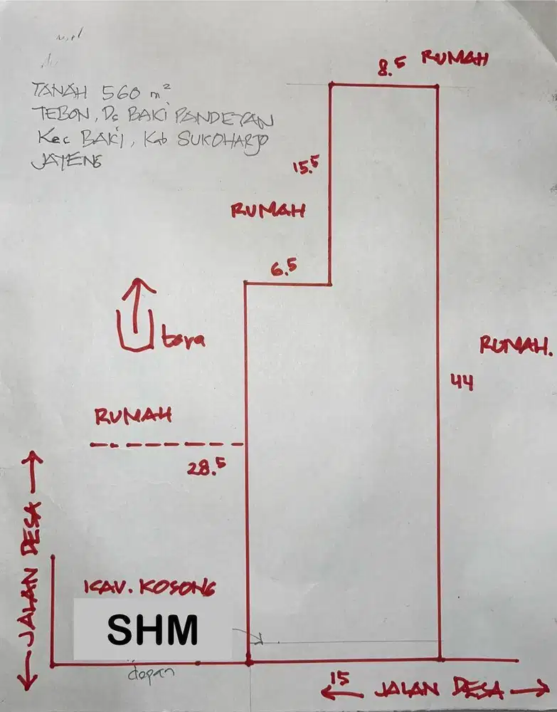 Dijual Tanah Pekarangan SHM, 560m2 Baki, Sukoharho, Jateng