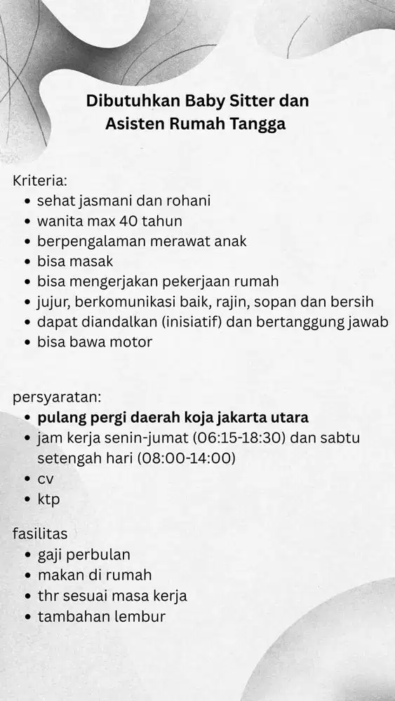 Dibutuhkan Baby Sitter dan ART