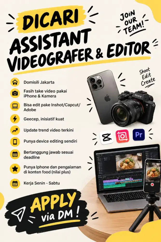 Dicari Videographer Assistant & Editor Untuk Content Creator
