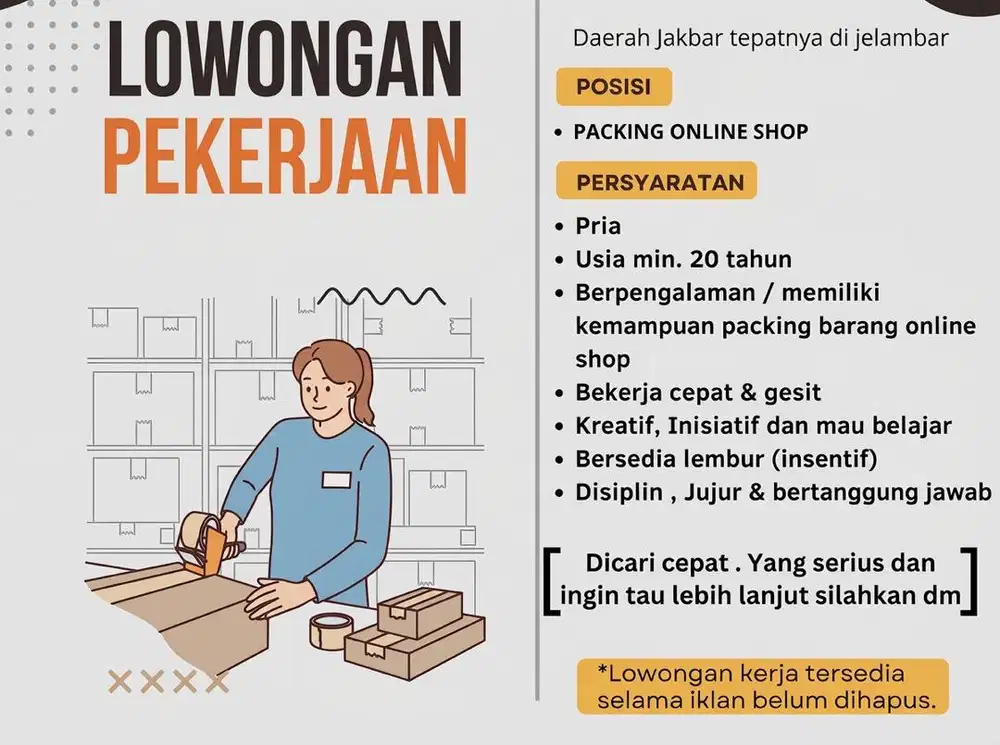 DICARI KARYAWAN UNTUK PACKING ONLINE SHOP