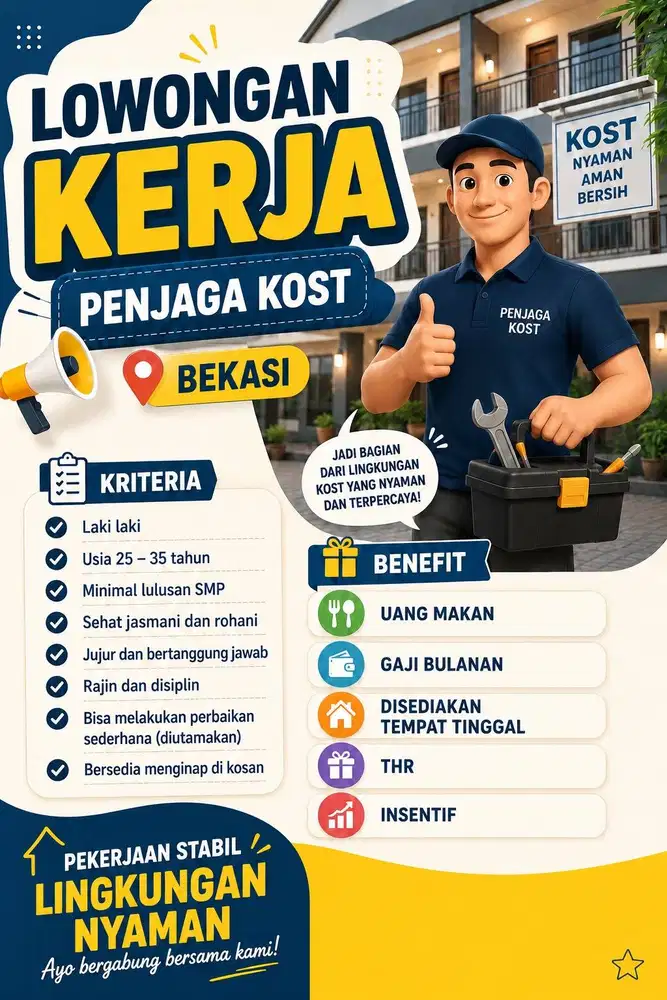 dibutuhkan penjaga kost menginap di dalam