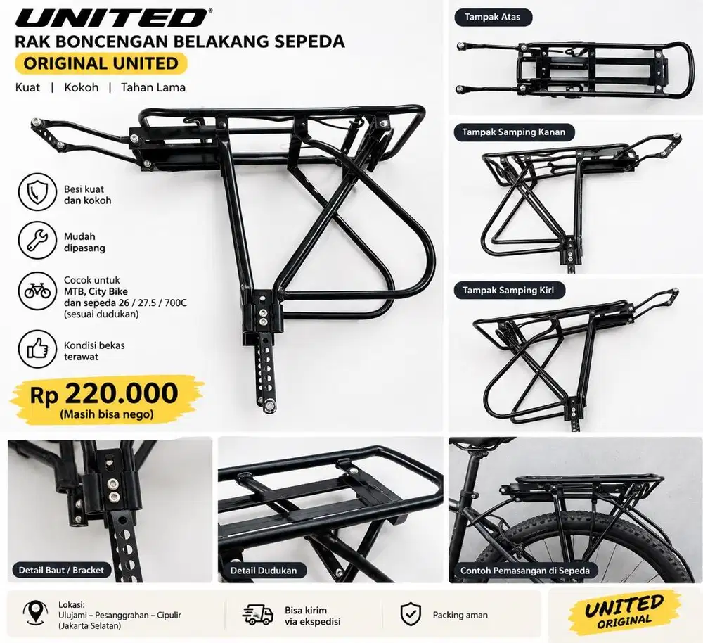 Rak Boncengan Belakang Sepeda United Original
