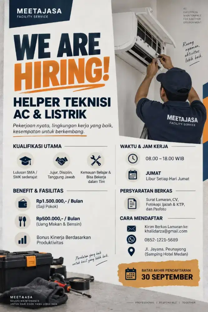Dicari Helper teknisi AC dan listrik