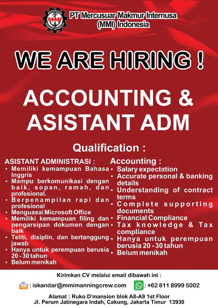 DICARI ASSISTANT ADMINISTRASI & ACCOUNTING