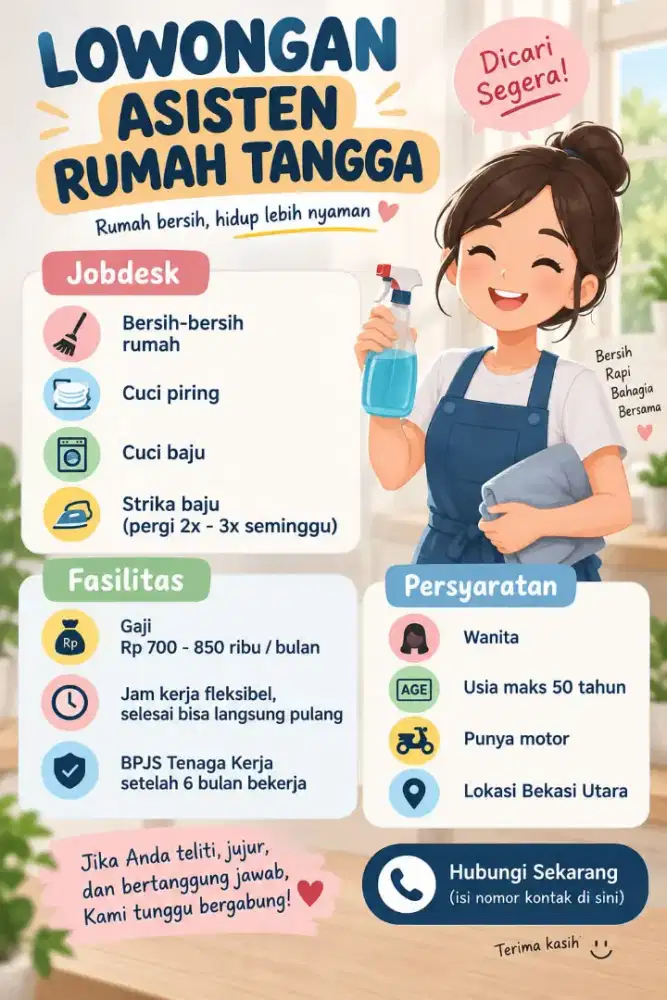 DIBUTUHKAN ASISTEN RUMAH TANGGA WILAYAH BEKASI UTARA