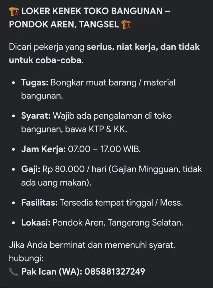 Lowongan kerja Kenek Toko Bangunan di pondok aren tangerang selatan