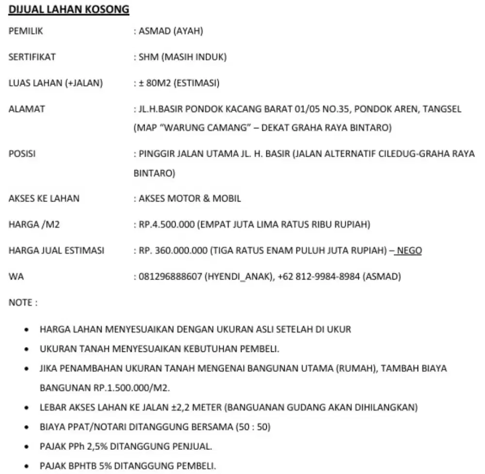 Jual tanah pinggir jalan (jl alternatif graha raya -ciledug)