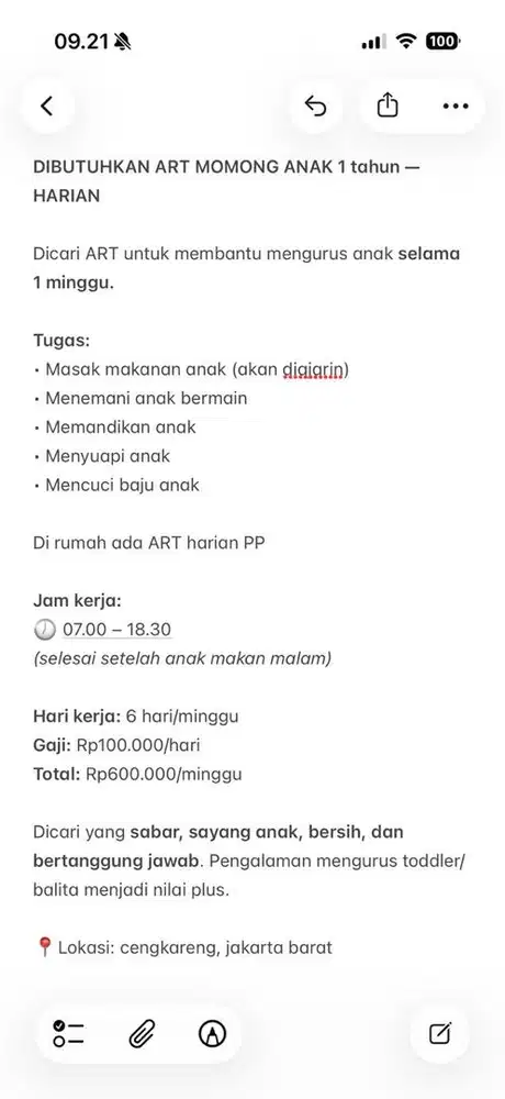 Lowongan momong anak 1 tahun di Cengkareng Jakarta Barat