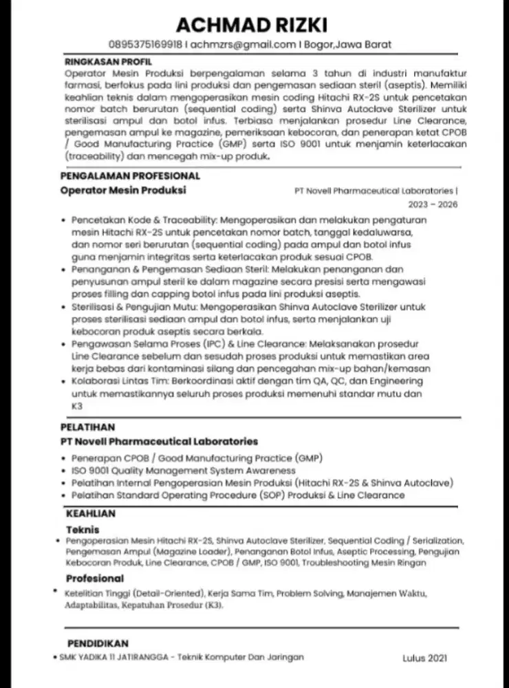 butuh pekerjaan operator produksi
