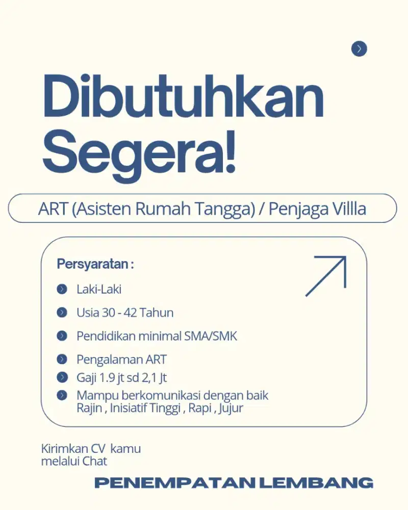 Lowongan Asisten Rumah Tangga / Penjaga Villa
