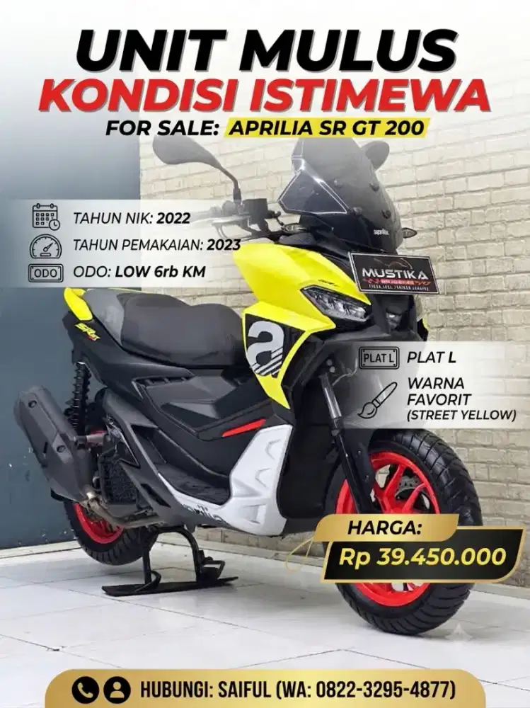 Odo6rb Istimewa!!Aprillia SR GT200 pmk 2023 Plat L Mulus-Mustika