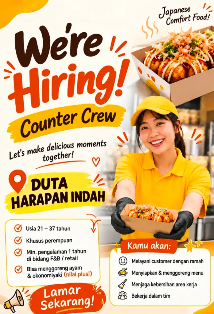 Dicari crew makanan jepang momokino teluk gong