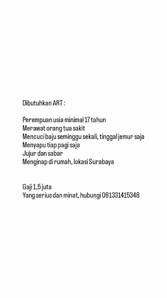 Dibutuhkan ART menginap