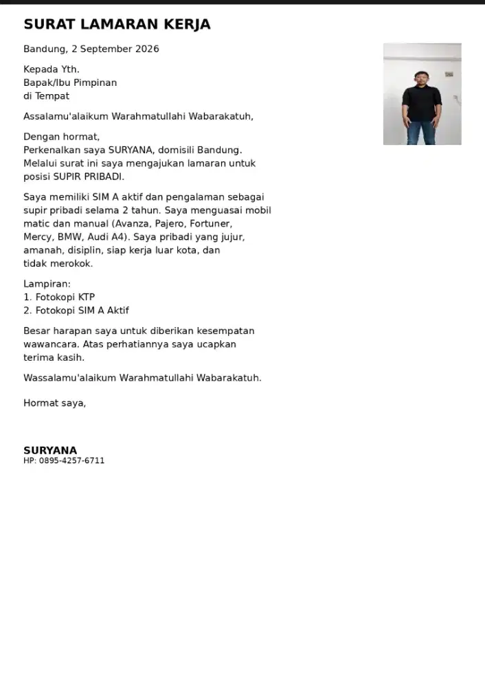 Info loker supir pribadi sim A aktif domisili bandung