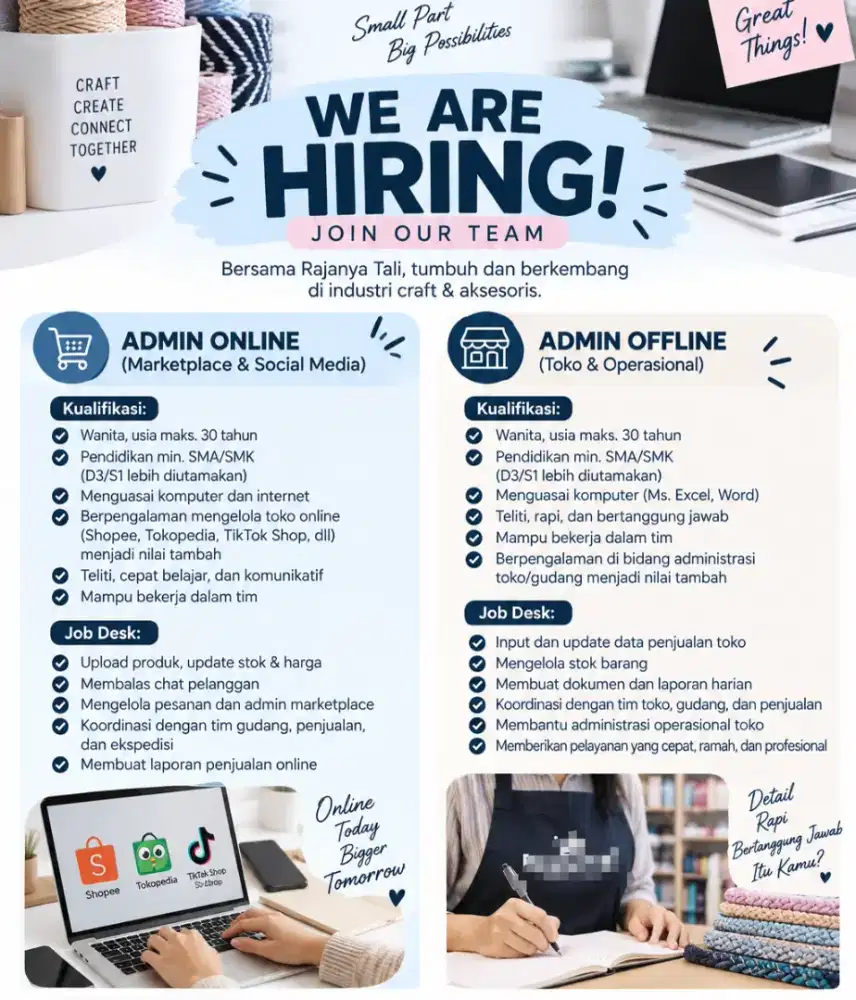 Dibutuhkan Admin online dan offline toko