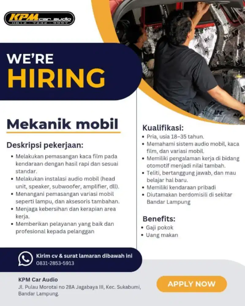 LOWONGAN KERJA MEKANIK MOBIL