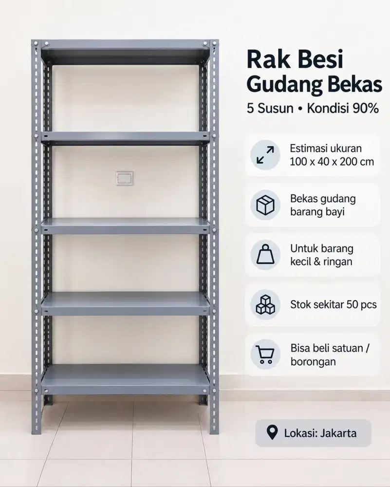 Rak Besi Gudang 5 Susun Heavy Duty Bekas Kondisi Bagus 100x40x200 cm