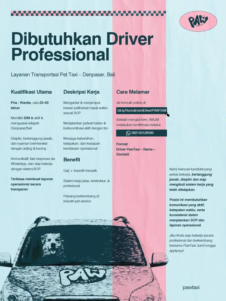 Dibutuhkan Driver Pet Taxi area Bali