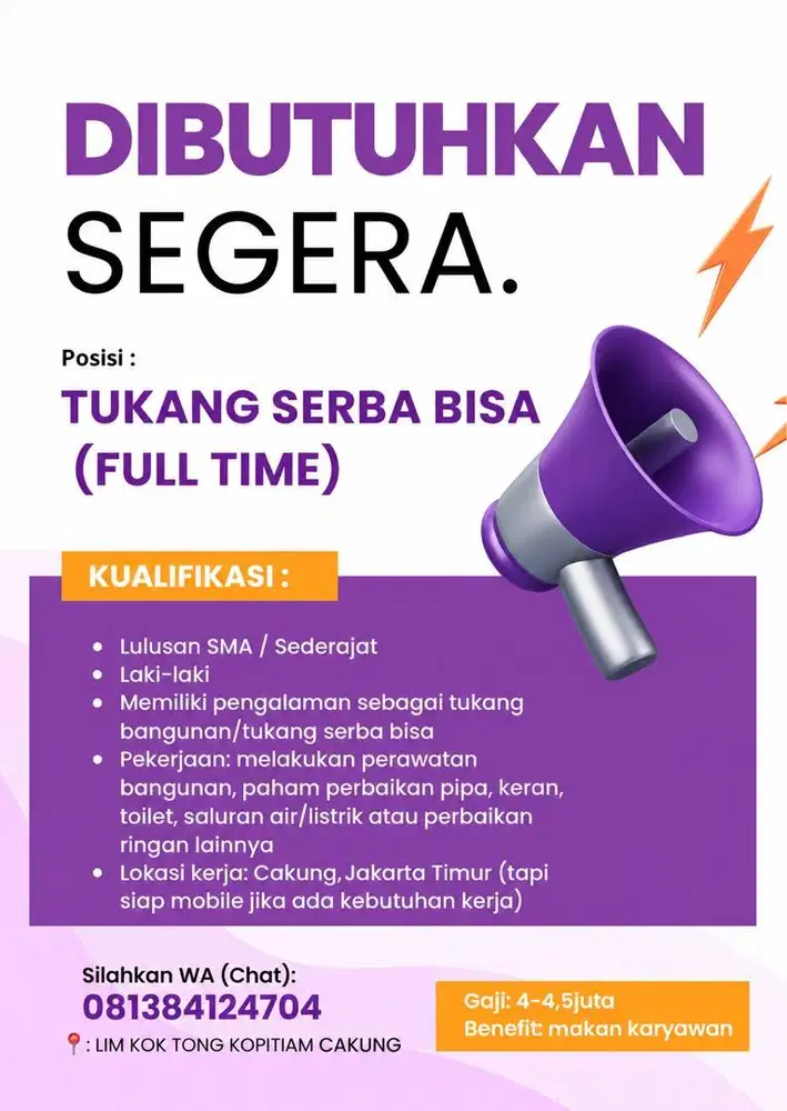 Dibutuhkan Tukang Serba Bisa untuk pekerjaan Fulltime