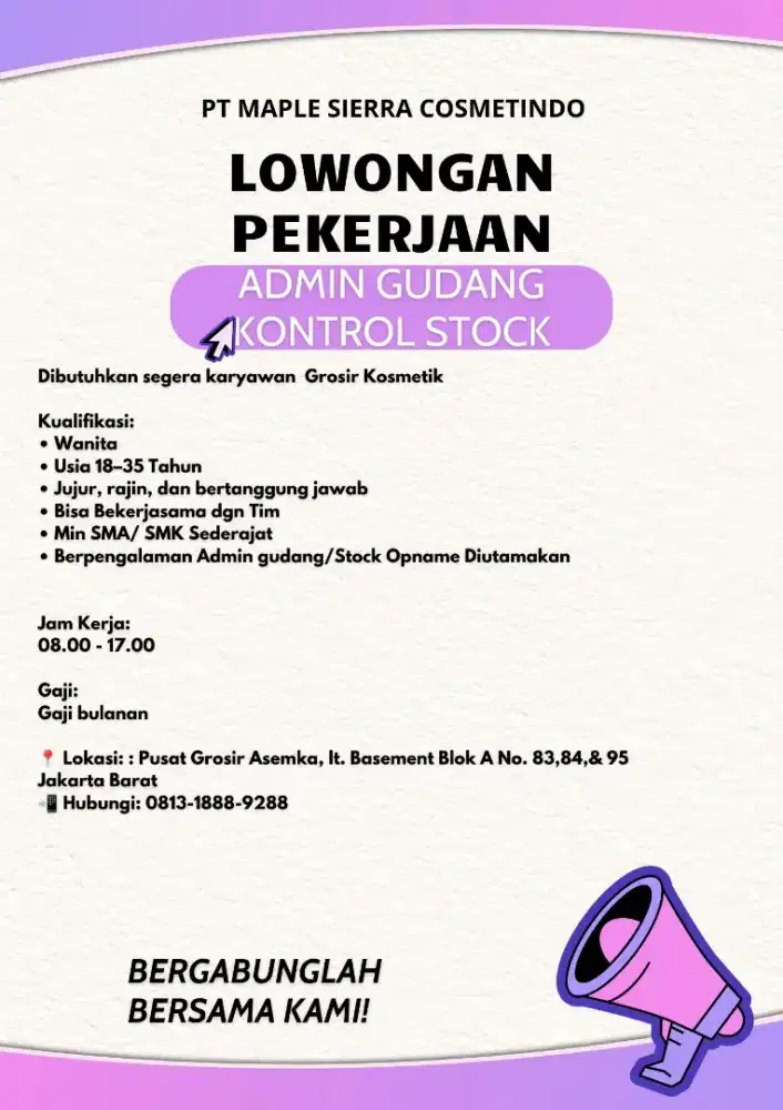 LOKER ADMIN GUDANG STOCK OPNAME