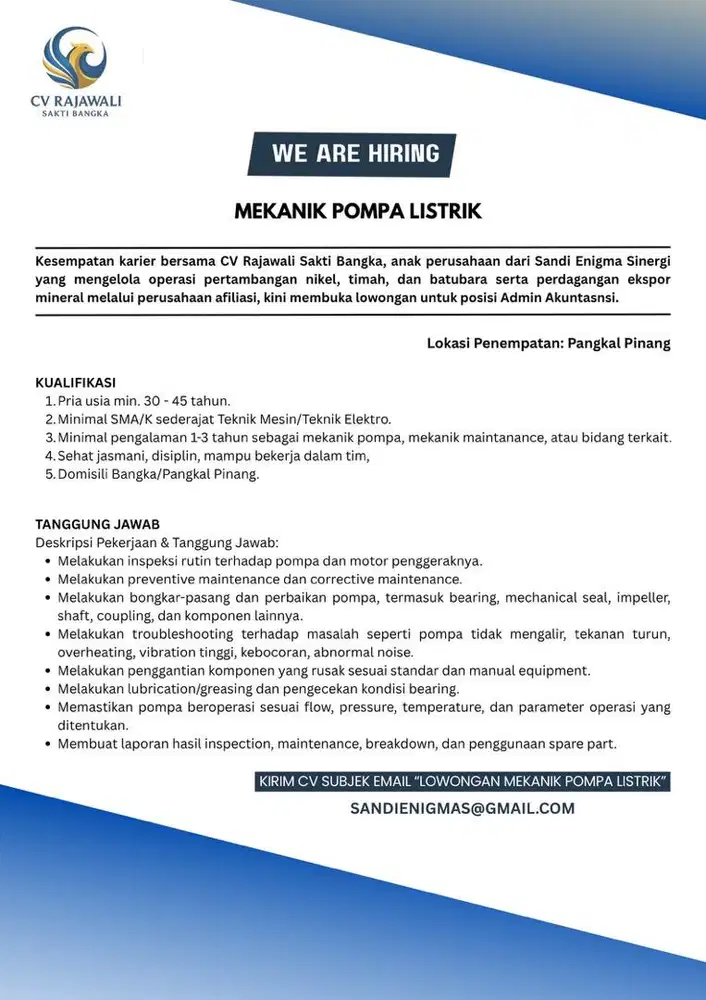 LOWONGAN MEKANIK DI PERTAMBANGAN