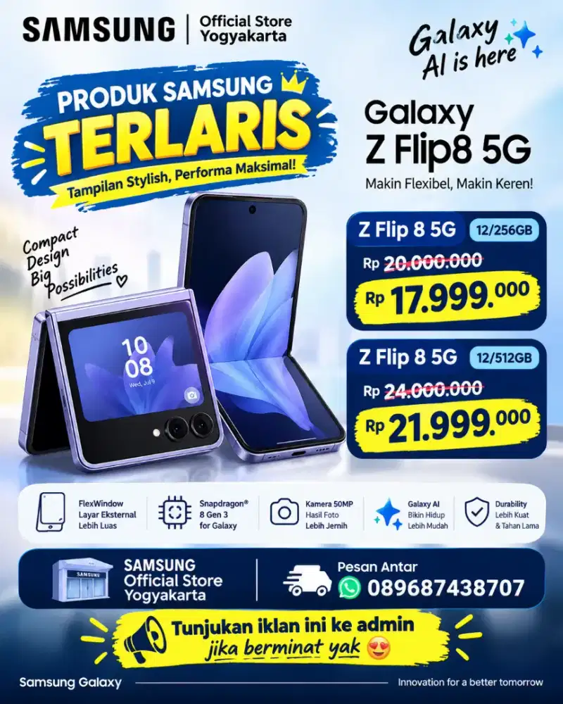 PROMO NEW SAMSUNG GALAXY ZFLIP 8 12/256GB DISKON 5 JT GARANSI RESMI