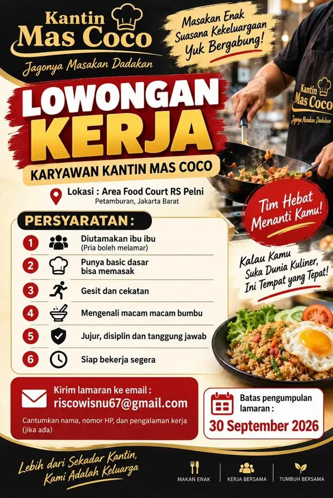 Dibutuhkan tenaga memasak untuk Kantin Mas Coco