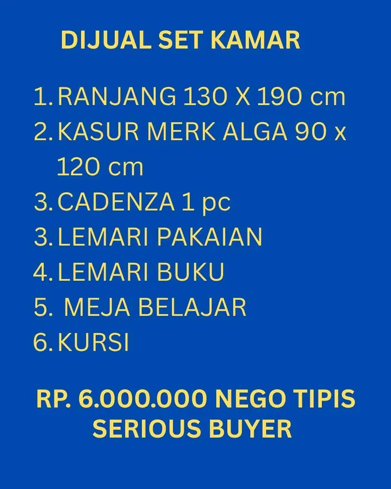 DIJUAL SET FURNITURE (TEMPAT TIDUR, 2 LEMARI, CADENZA, MEJA BELAJAR)