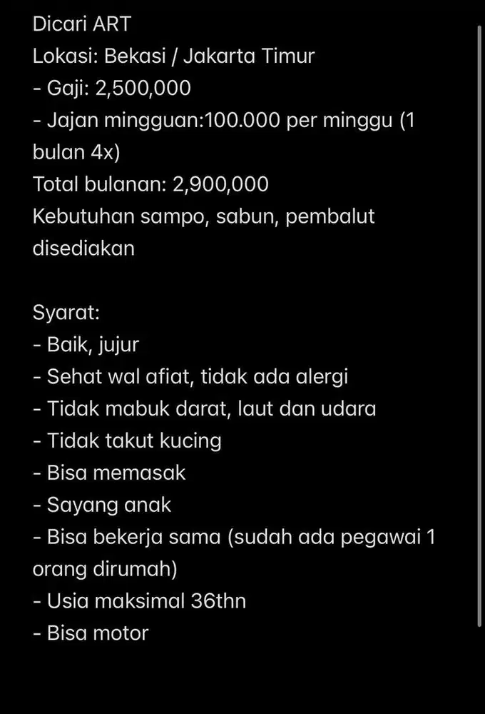 Dicari ART Menginap yang bisa bekerja sama berdua