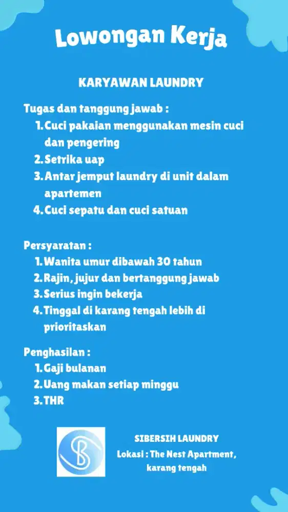 Lowongan kerja loker karyawan laundry di karang tengah
