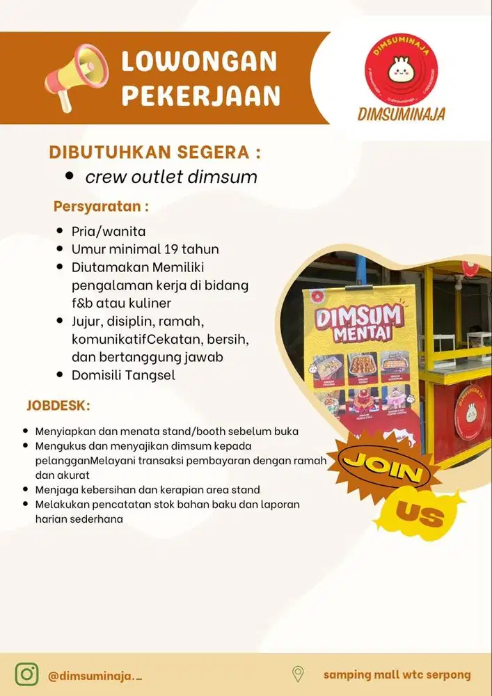 Di butuhkan pria/wanita untuk jaga outlet dimsum