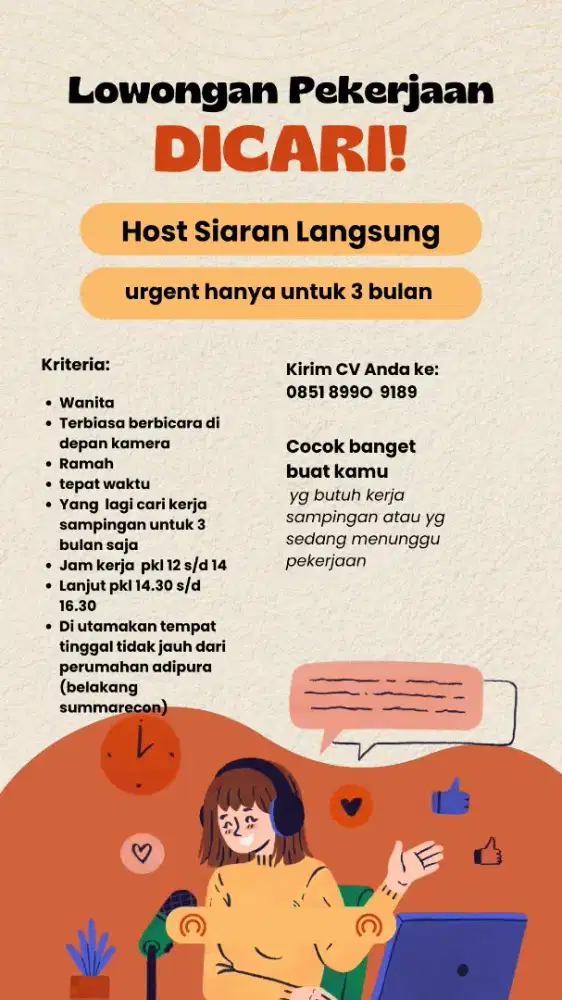 Host live streaming (yg lagi cari kerja sampingan hanya untuk 3 bulan)