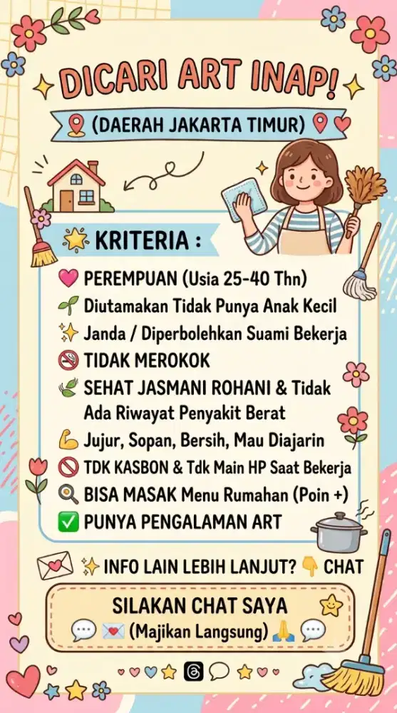 Dicari ART daerah Jakarta Timur