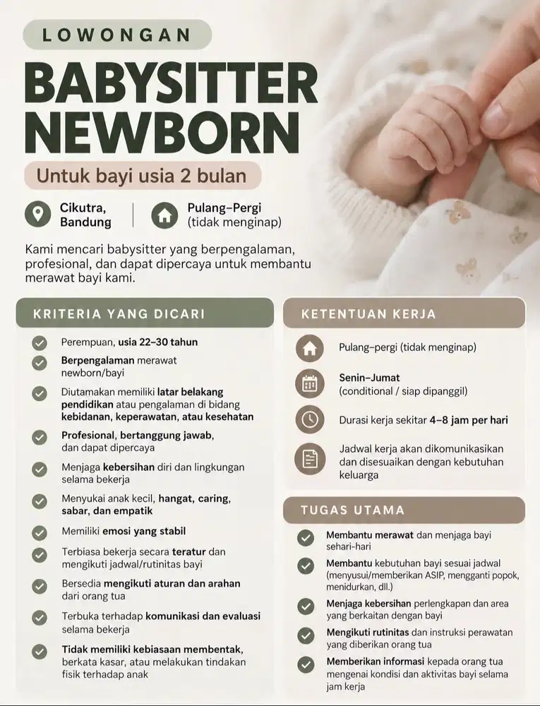 Dicari Babysitter Newborn – Pulang Pergi | Cikutra Bandung