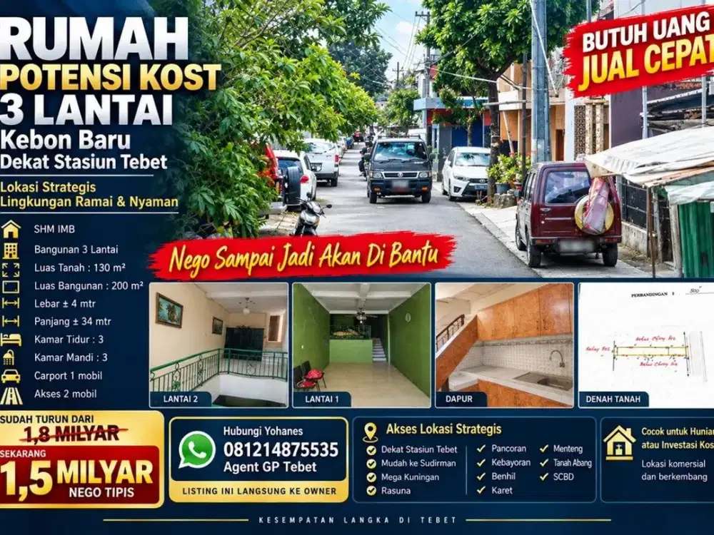Rumah Tebet Kebon Baru 3 Lantai Dekat Stasiun bisa Jadi Kost