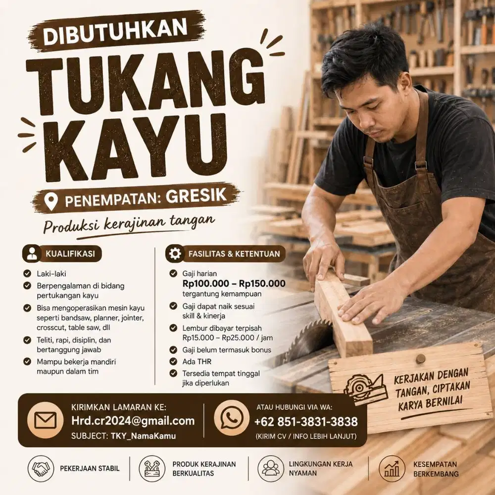 Tukang Kayu – Gaji Harian 100–150 Ribu | Gresik Lowongan Kerja