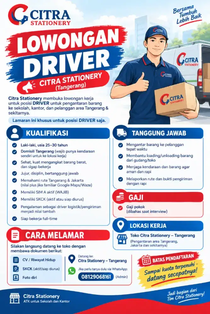 Dicari Driver untuk Berkerja di Citra Stationary