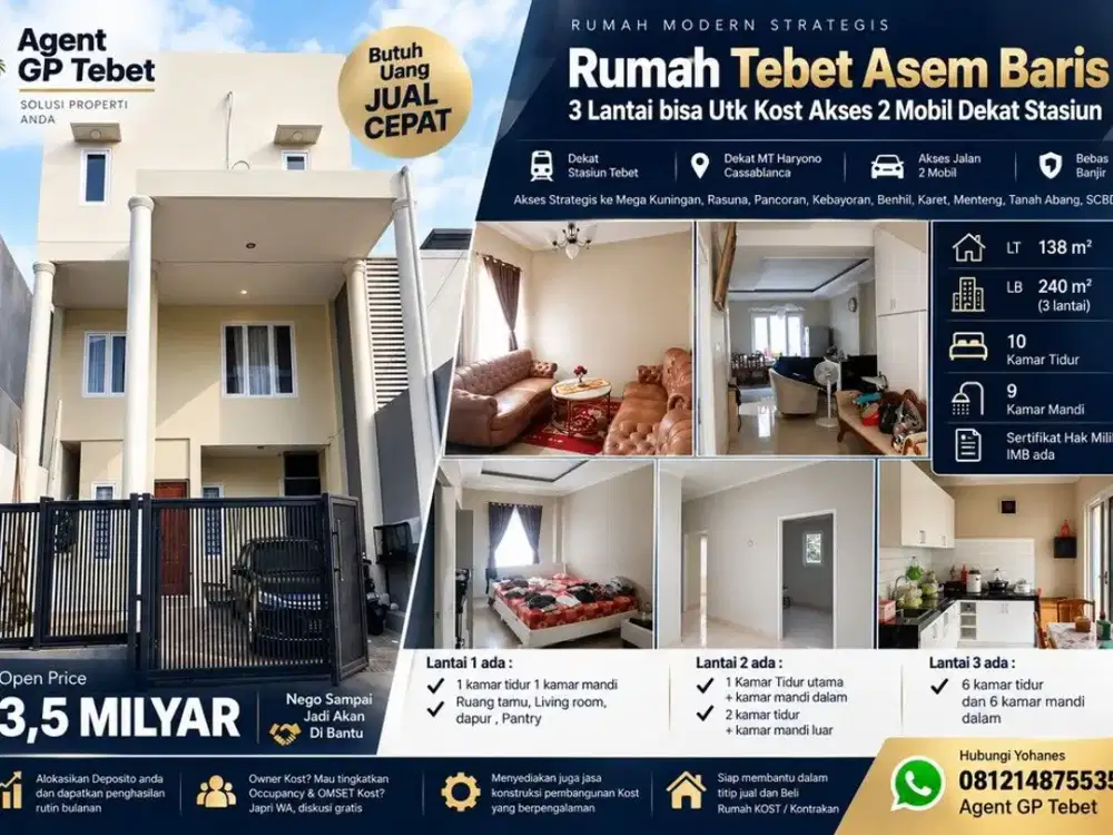 Rumah 3 Lantai Tebet Asem Baris Bisa Jadi Kost Dekat Stasiun
