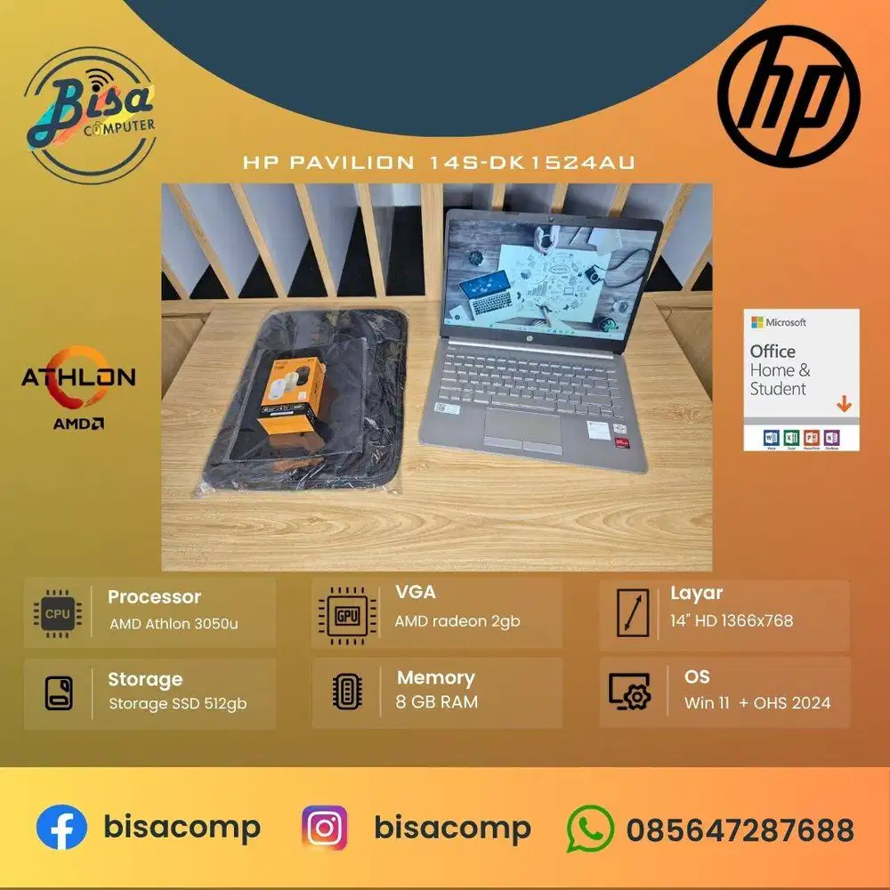HP 14s-DK1524AU AMD Athlon 3050u SSD 512gb Ram 8gb 14inchHD Backlit