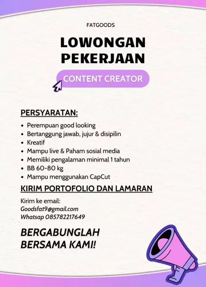 Dibutuhkan wanita cepat konten kreator host live