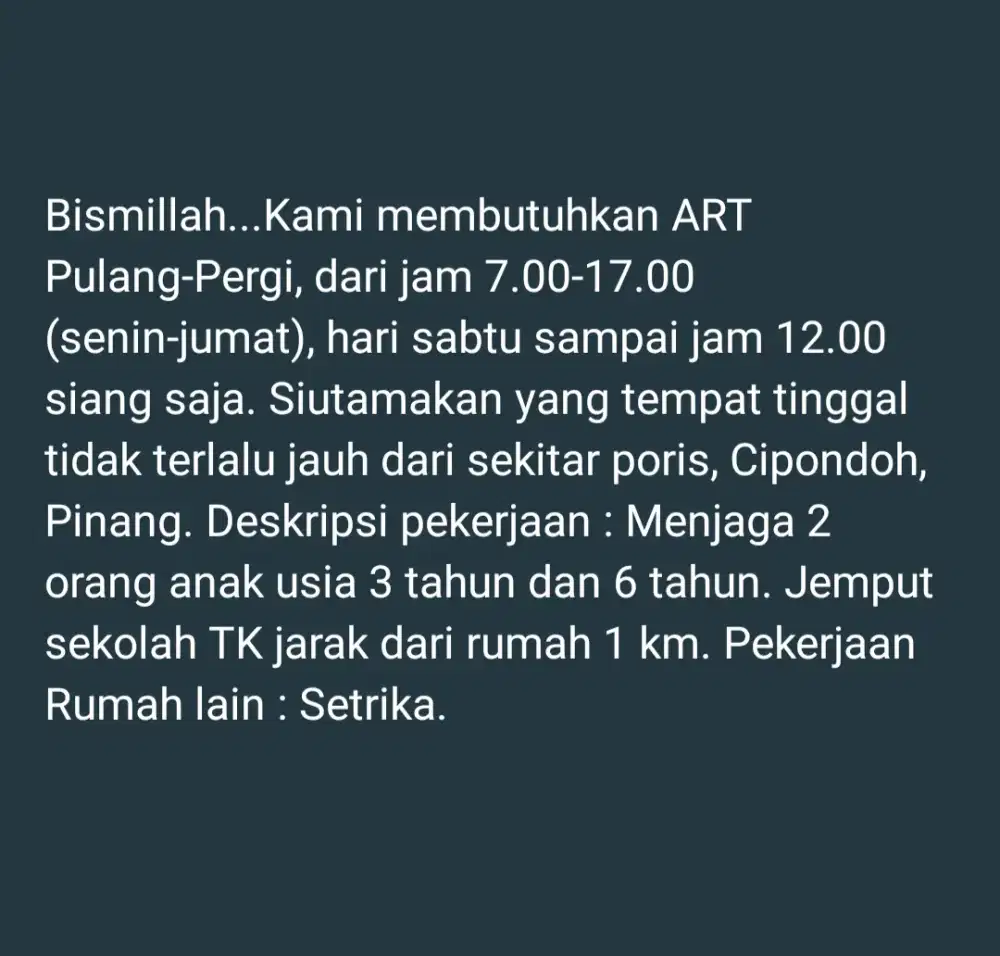 Dibutuhkan ART Pulang-Pergi
