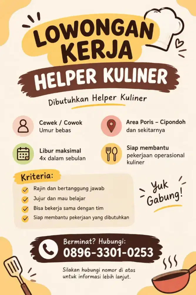 Dibutuhkan Helper Kuliner
