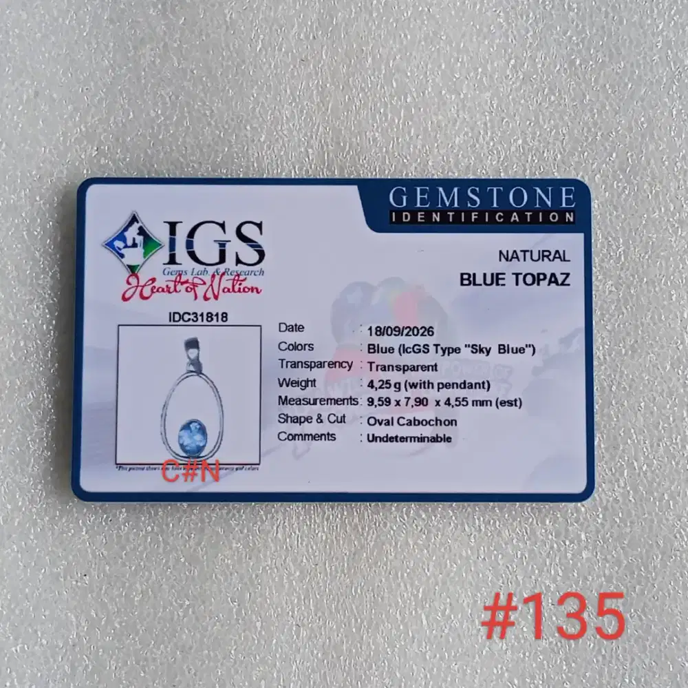 Liontin perak, batu natural topaz, gem id card IGS