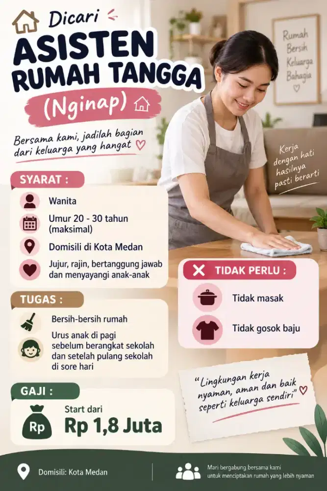 Lowongan Kerja Asisten Rumah Tangga ART Nginap MEDAN