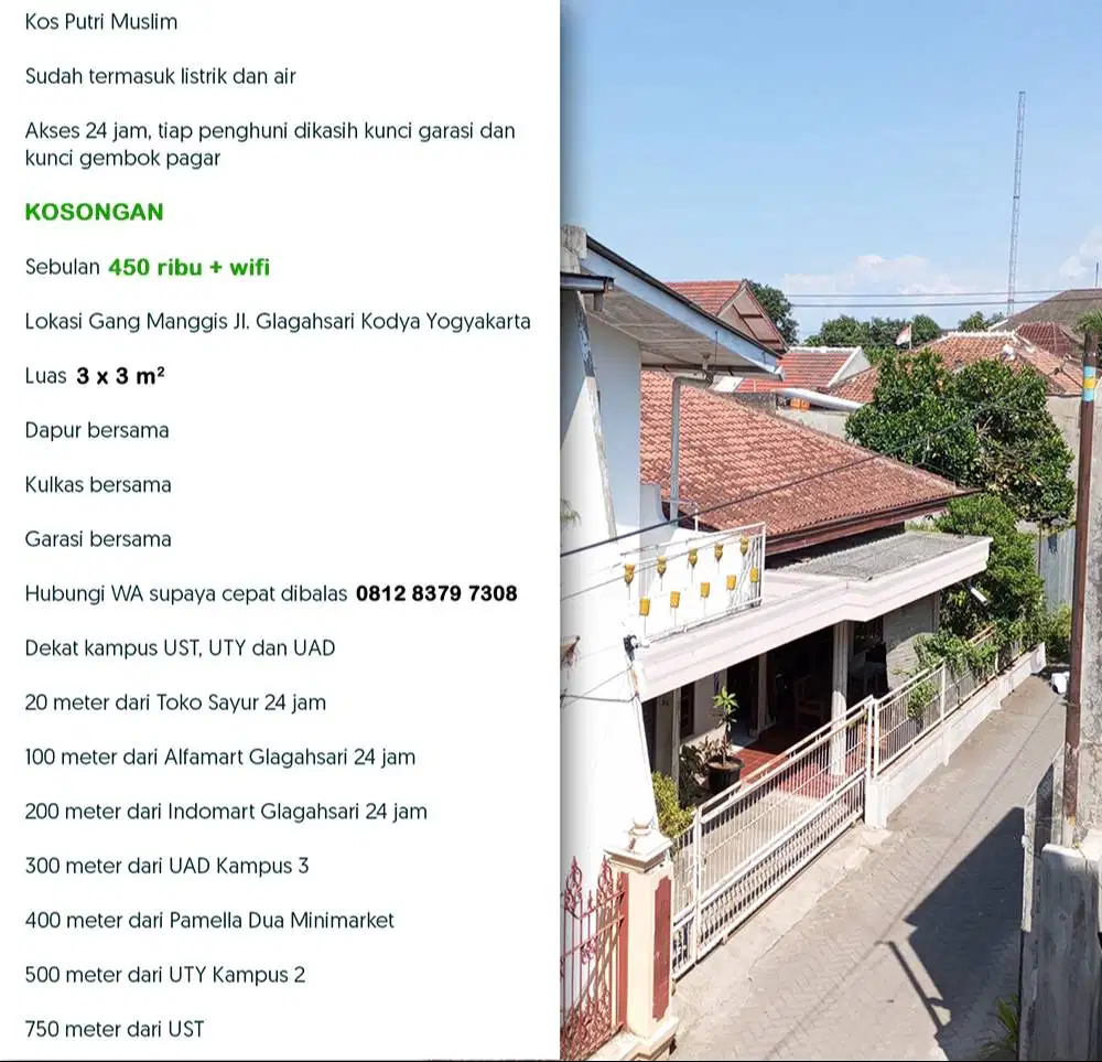 Kos dekat UST, UTY 2 dan UAD 3 - Putri Muslim