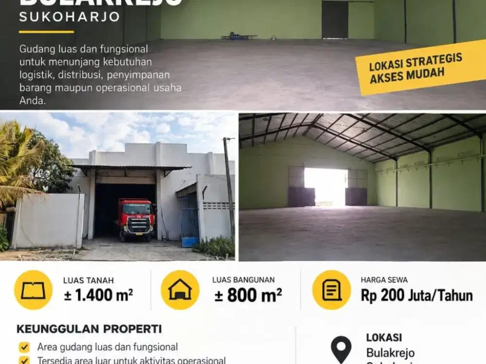Disewakan Gudang Zona Industri Lokasi Strategis Bulakrejo,Sukoharjo Luas 1400m2